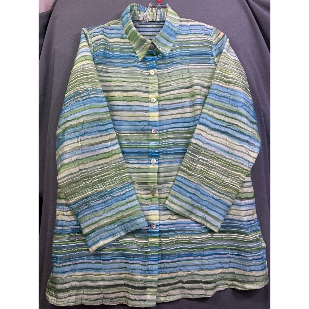 Blue Green Striped Crinkle Sheer Button Up Shirt Women's Long‎ Sleeve Tunic